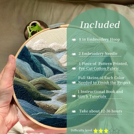 FONNUY Embroidery Kit for Beginners, Nature Hills Landscape Pre-Stamped Pattern Kits for Adults with Hoop, Easy to Follow Color Thread Needlework, 8'' Hoop (Green Hills)