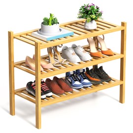 RONGJlA 3 Tier Bamboo Shoe Rack for Closet Free Standing Wood Shoe Shelf Storage Organizer for Entryway Small Space Stackable, Natural