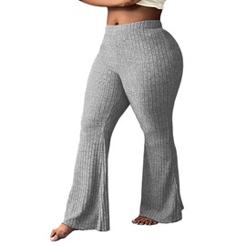 HBQ Women's Plus Size Ribbed Knit Wide Leg Lounge Pants High Waisted Palazzo Trousers-Grey-XL