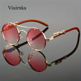 Trendy Circular Metal Glasses Featuring Gradient Polycarbonate Lenses - Comes with a Protective Case - Luxurious Double BridgeDesign: Gradient Pink, Frame Material: Alloy