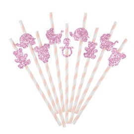 10 x Pink Glitter Babyshower Straws – Handmade Bears, Prams, Dummy & Elephant Party Decor