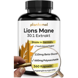 4 Month Supply: 360 Lions Mane Capsules with 2200mg Lion Mane Extract 30:1 (=66,000mg Hericium Erinaceus) in 3 Capsules = 10% Higher Dose - 30% Polysaccharides & 5% Beta Glucan - Vegan - plantomol®