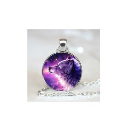 Fashion Jewelry PURPLE WOLF ANIMAL Large Round Pendant German Silver 20" Necklace Women Men GIFT
