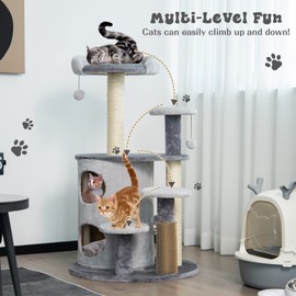 PETSITE 40 Inch Cat Tree for Indoor Cats, Multi-Level Cat Tower with 2 Condos, Scratching Posts & Self Groomer, Modern Cat Tree for Large Cats 20 lbs Heavy Duty, Grey