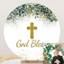 OERJU 6.5x6.5ft God Bless Round Backdrop Baptism Party First Holy Communion Christening Glitter Cross Green Eucalyptus Leaves Branches Photography Background Baby Shower Birthday Party Decoration