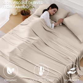 Swiftify 100% Organic Viscose Derived from Bamboo, 4-Piece Queen Bed Sheet Set, Ultra Soft & Luxuriously Cooling Sheets, Deep Pocket Fits 16" Mattress, Perfect for Hot Sleepers, Sand