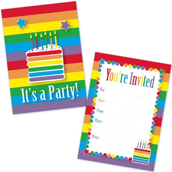 Kids Rainbow Cake Birthday Party Invitations for Girls (20 Count with Envelopes) - Rainbow Party Supplies - Kids Fill in The Blank Invites