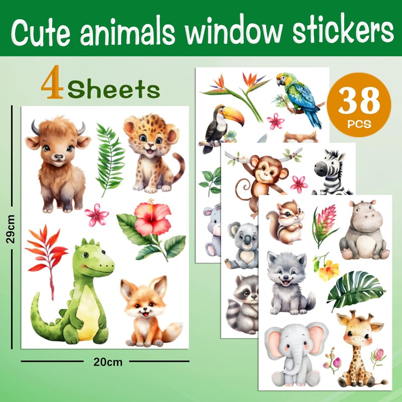 38 Animal Window Stickers, Cute Elephant, Monkey, Bird Window Stickers,