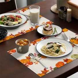 BIPASION Fall Placemats, Thanksgiving Placemats for Dining Table Set of 6, Autumn Washable Table Place Mats, Pumpkin Kitchen Table Mats for Indoors & Outdoors Holiday Decor