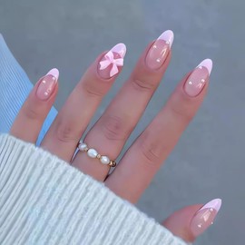 Pink French Tip Press On Nails - Medium, Almond Shape Fake Nails, Glue On, Bow Charm & Pearl Design, 24Pcs Stiletto Full Cover False Nails Cute Acrylic Nails Manicure Artificial Nails for Women