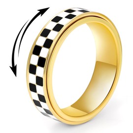 Fidget Ring for Anxiety Men Women: Black and White Checkered Pattern Stainless Steel Spinner Jewelry Anxiety Relief Items for Adults Gold Plated/Silver Size 5-11 (Gold Checkered, 9)