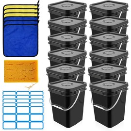 Zansens 12 Pcs 5 Gallon Square Bucket with Lid and Plastic Handle Storage Food Container Industrial Bucket(with DIY Label Stickers Towel and Brush) for Multi-Purpose Art Paint Storage Buckets Crafts