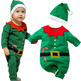 Baby Christmas Outfit - Baby First Christmas Gifts, Christmas Elf Costume Baby Long Sleeve Elf Outfit, Baby Girls Boys Christmas Outfits, Newborn Christmas Outfit Infant Onesies+Elf Hat (0-12 Months)
