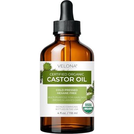 Velona USDA Certified Organic Castor Oil - 4 oz (With Dropper)  For Hair Growth, Boost Eyelashes, Eyebrows  Cold pressed, Natural Oil USP Grade...    