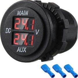 LED Digital Double Voltmeter, Round Panel Voltage Monitor for Car Pickup RV Truck Dual Battery Pack (Red)