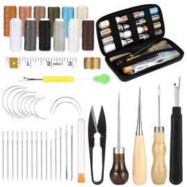 Kasanni Leather Sewing Set 48 Pieces Leather Tool Set Hand Sewing Multifunctional DIY Leather Sewing Set with Sewing Needle, Sewing Awl, Seam Ripper, Thimble and 12-Colour Repair Thread