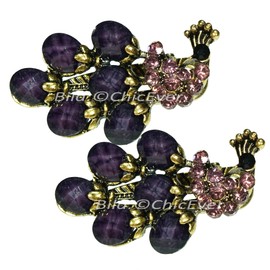 2x Small Vintage Look Metal Rhinestone Peacock Hair Clips & Ponios Acrylic Purple Gold 5646