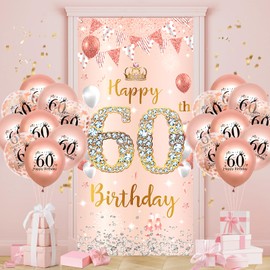 Rose Gold 60th Birthday Decorations Banner for Women, Happy 60th Birthday Door Banner with 18pcs 60th Balloons for Women 60th Birthday Anniversary Party Backdrop Decor Supplies Sign Porch Background
