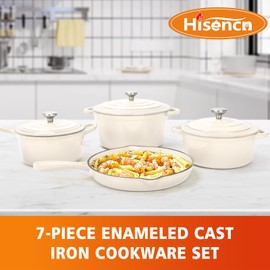 Hisencn Enameled Cast Iron Cookware Set - 7-Piece Ceramic Coated Cast Iron Cookware Set, Dutch Ovens, Sauce Pan, Skillet, 3 Lids, Heavy Duty Cookware, Gas/Induction Compatible, PFA Free, Cream White