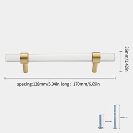 Evionlin 1 pcs 5 in Acrylic Cabinet Handle, Brass Base, Crystal Pull, Gold Kitchen Vanity Drawer, Transparent Single Grain Modern Drawer Handles