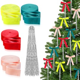 Hollowfly 40 Yard Velvet Ribbon Bows Christmas Tree Bows Decor with Silver Tinsel Vintage Wide Velvet Wreath Bow Ornaments for Christmas Xmas Gift Wrapping Packaging Crafts Door Garland Wedding Party