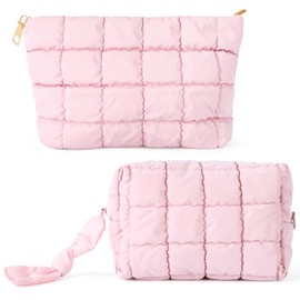 juciasouul 2 PCS Puffy Quilted Makeup Bag, Cute Cosmetic Bag for Women Pink Travel Toiletry Bag with Zipper Puffer Aesthetic Make up Organizer Pouch Portable Handbag for Women and Girls