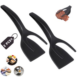 RodThan 2 Pcs 2 in 1 Spatula and tongs, egg flipper spatula, Multi-purpose Non-Stick Kitchen Gadgets, Pancake Fish French Toast Omelet bread Home kitchen Grip and Flip (Black)