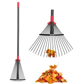 Garden Rake for Leaves: 70 Inch Adjustable Long Handle 18 Metal Tines with 8-17" Expandable Head Heavy Duty Metal Rake for Lawns Leaves Yard Grass Camping Debris