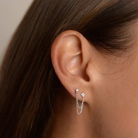 Chain Earrings for Women, Gold Double Piercing Two Holes Huggie Cubic Zirconia Stud Earrings Tassel Links Ear Cuff Cartilage Earrings for Teen Girls Women Jewellery Gifts Christmas Birthday