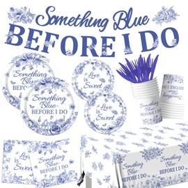 142PCS Something Blue Before I Do Bridal Shower Decorations Bridal Shower Party Favors for 20 Guests Blue Floral Plates and Napkins Tableware Set Blue Bridal Shower Decorations for Wedding Engagement