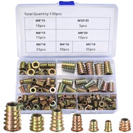 Gaomoeny Pack of 130 Threaded Insert, Wood Screw-In Nut Set, M4 M5 M6 M8 M10 Screw-In Sleeves, Threaded Sleeves, Female Thread Inserts Thread Sleeve for Wood Furniture