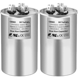 50/7.5 uF 50+7.5 MFD 370V or 440V Dual Run Start Round A/C Capacitor, 50 7.5 uF 370 440 Volt CBB65B Air Conditioner Capacitors for AC Unit, Fan Motor Start, Heat Pump, Condenser Straight Cool, 2PCS