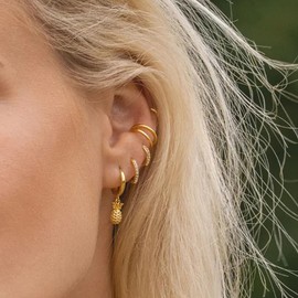 Cute Pineapple Dangle Drop Cartilage Small Huggie Hoop Earrings for Women Minimalist S925 Sterling Silver Fruit Charm Dangling Cuff Sleeper Hoops Dainty Hypoallergenic Unique Jewelry Gifts for Her Birthday (Gold)