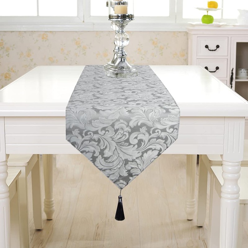 EHouseHome Jacquard Damask Reversible Silver Grey Table Runners with Tassels