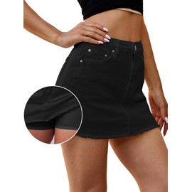 ELLEVEN Jean Skirt for Women Jean Mini Skort Shorts Underneath Y2k Casual Raw Hem High Waisted Low Rise Stretch Cotton A Line Button Short Skirts with Pockets Summer Trendy Black Denim Small