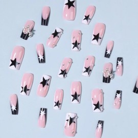 24PCS Medium Press on Nails - Square False Nails French Tip - Star Pattern Stick on nails - Strong Fake Nails with Glue - Broken Drill nail Tips Elegant for Women Long Lasting