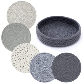 Coga Trivets for Hot Dishes, Trivets for Hot Pots and Pans, 7 Inchs Hot Pads 5 Pcs and Storage Basket for Countertops, Pot Holders for Kitchen, Cotton Table Protector Hot Mats Heat Resistant (Mix)