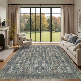 8x10 Washable Area Rugs for Living Room&Bedroom - Floral Boho Vintage Rug,Soft & Non-Slip,Low Pile Wool Carpet for Indoor Dining Room,Girls Room,Nursery Room and Kids Room(Ivory Blue)