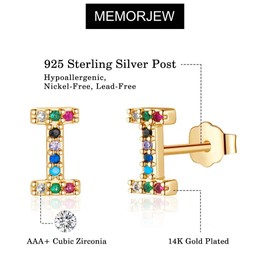 Memorjew Initial Earrings for Women, 925 Sterling Silver Post Gold Plated Letter I Initial stud Earrings Cubic Zirconia Hypoallergenic Earrings for Women Gifts