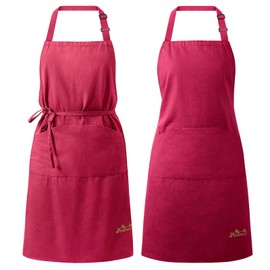 Viedouce 2 Pack Cotton Aprons,Cooking Kitchen Aprons,Adjustable Bib Apron with Pocket for Men Women Chef BBQ,Red