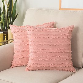 GYROHOME Pack of 2 Cotton-Linen Throw Pillow Covers,Decorative Cushion Covers,Tassels Design, Modern Fringe Cushion Covers (Coral, 18x18inch 45x45cm)