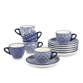 Selamica Ceramic 2 oz Espresso Cups, Small Expresso Coffee Cup Set with Saucers, Porcelain Mini Demitasse Cups for Latte Mocha Tea, Set of 6, Vintage Blue