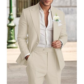 Stritra Linen Suits for Men 2 Piece Summer Beach Wedding Suit Set Jacket Pants for Casual Prom Bussiness,Beige,M