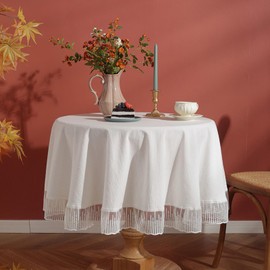 rismart Cotton Round Table Cloths Four-Season Table Cover Decor Tablecloth with Embroidered Lace Border White,59" Round