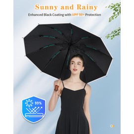 Lantusire Automatic Inverted Rain Umbrella with Reflective Strip, Wooden Handle Large Windproof Folding Umbrella for Women Men, UPF 50+, 10 Ribs, Wine Red