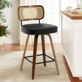 Bekrvio Swivel Counter Height Bar Stools, Upholstered Faux Leather Barstools with Rattan Back, 26" Seat Height Bar Chairs for Kitchen Island, Bentwood Wood Frame, Black
