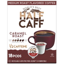World's Best Half Caff Caramel Coffee 18ct. Solar Energy Produced Recyclable Single Serve Half Caff Caramel Coffee Pods - 100% Arabica Coffee California Roasted, KCup Compatible
