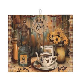 Yamxbfa Dish Drying Mats Vintage Farmhouse Coffee Cup Kettles Sunflower Kitchen Draining Mat Non slip hangable Cutlery Drying Mats for Kitchen Counter Coffee Bar Dinning Room Decor 16"x18"