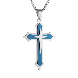 HZMAN Blue Cross Necklace for Men Stainless Steel High Polished Multilayer Cross Necklace Pendant Christian Jewelry Gift with 24Inch Chain