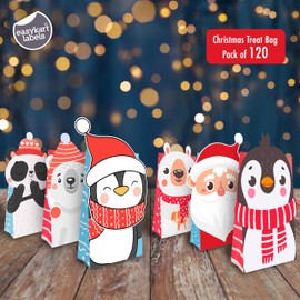 easykart labels 120 Christmas Die-Cut Flip Over Gift Treat Paper Bags for Holiday Party Treats, Pastries, Cupcakes, Cookies Goodie, Donuts Xmas Gift-Giving Bag (5 Packs)